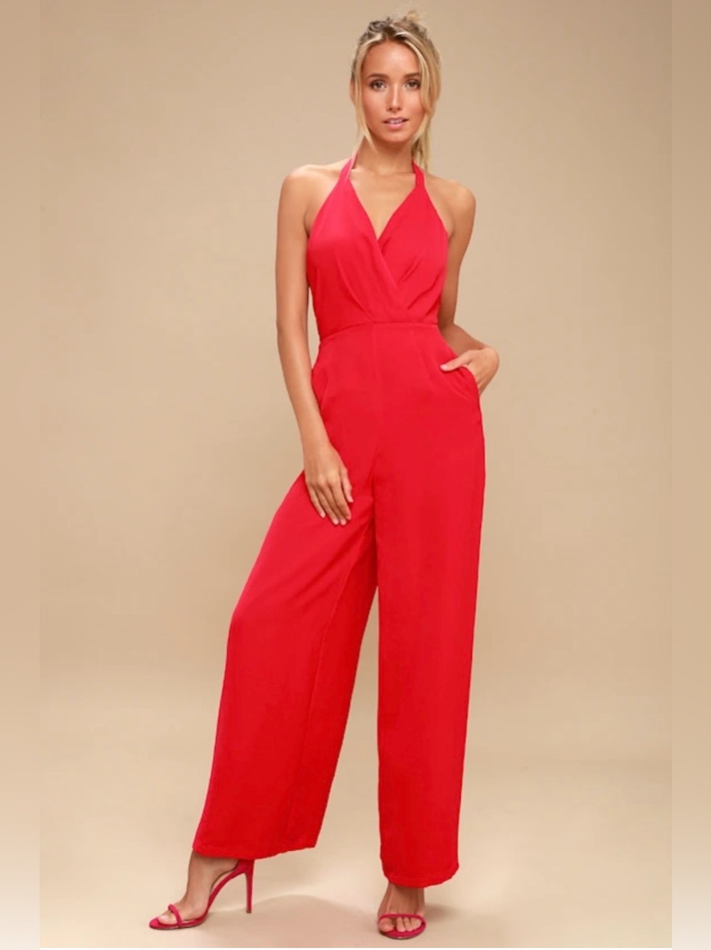 Lulus Ravina Red Halter Wide Leg Jumpsuit NWT Open Back Size M Holiday Party NYE
